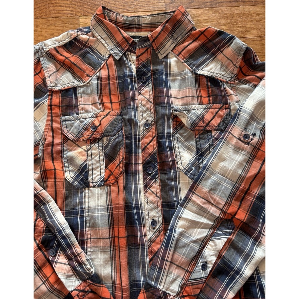 MK Machine Push the Limit Orange Plaid Mens Button Up Long Sleeve Shirt Size M